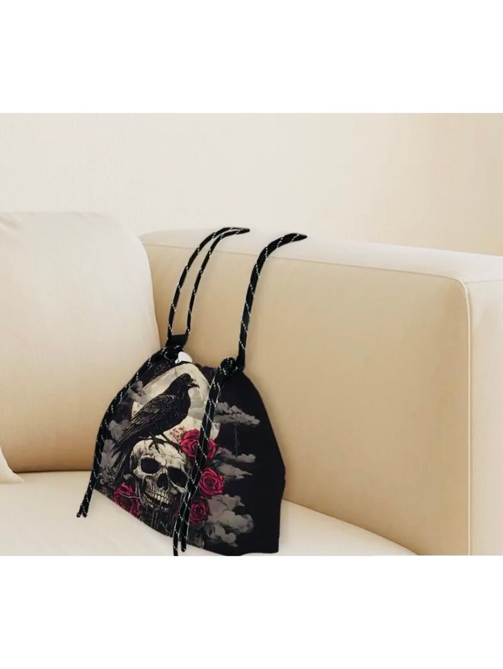 New - Vintage - Skull & Raven w/Roses Design Drawstring Crossbody /Shoulder Bag
